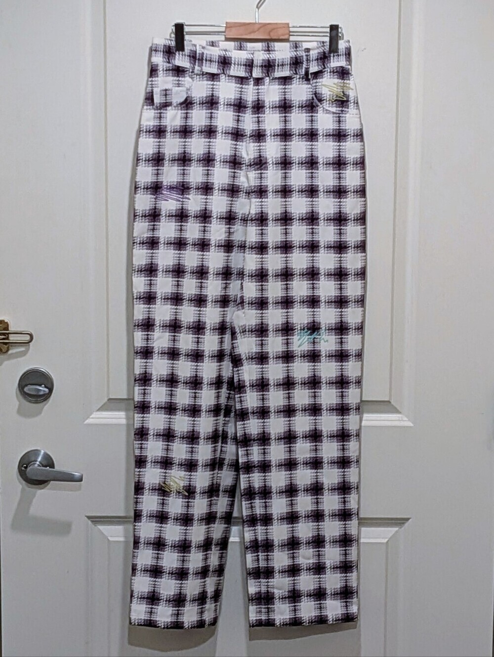 EUC Hèrlian M Squiggle Plaid Dress Pants with Rainbow Squiggle Details